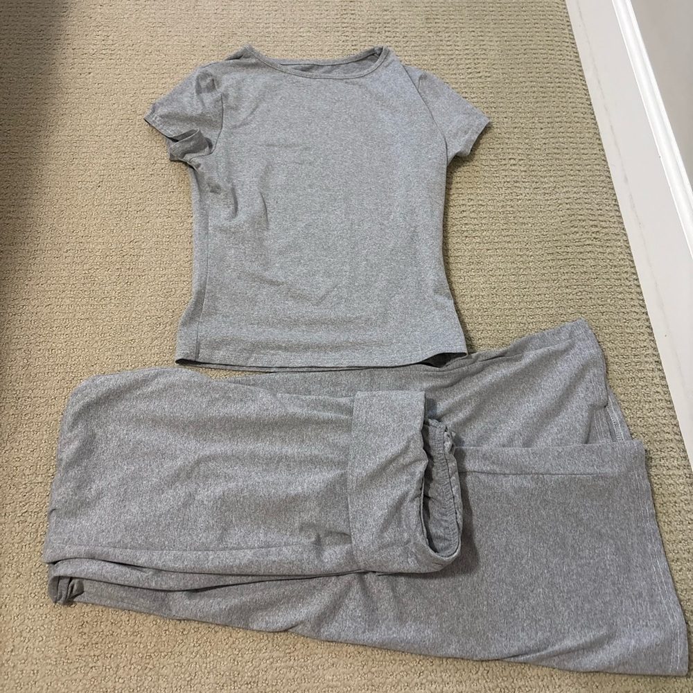 Gray Short Sleeve Top and Flared Leggings Set